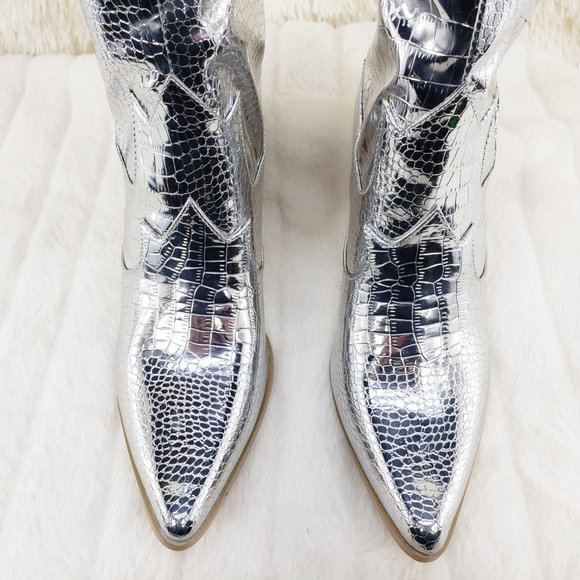 Silver Western thigh high Cowboy Boots - Picture 4 of 15